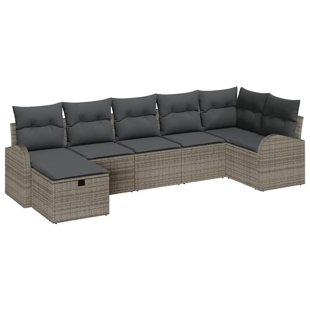 Garden Sofa Set Poly Rattan Acacia Wood 7 Pieces Grey Outdoor Furniture