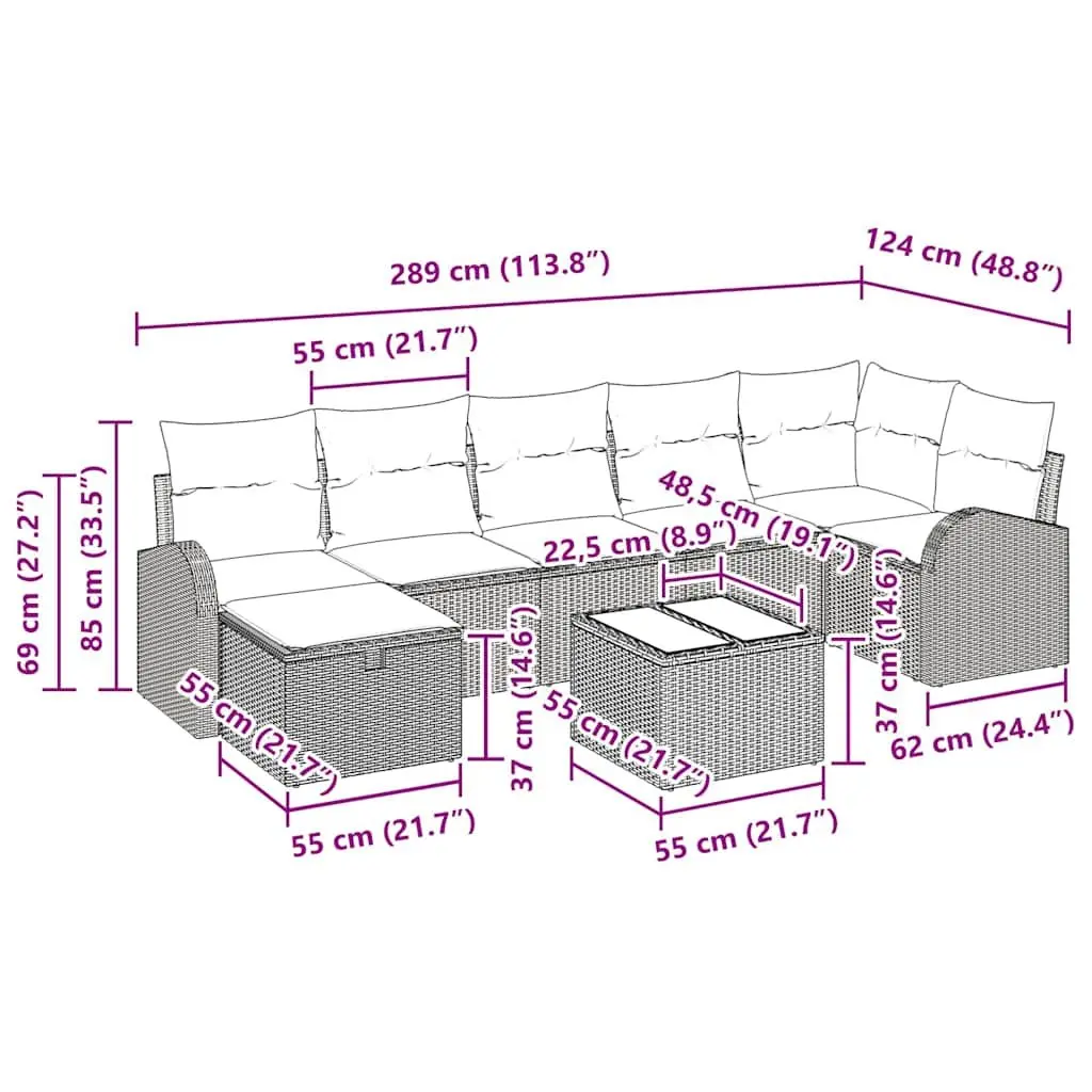 Garden Sofa Set Poly Rattan Solid Acacia Wood 8 Pieces Grey Outdoor Furniture with Cushions