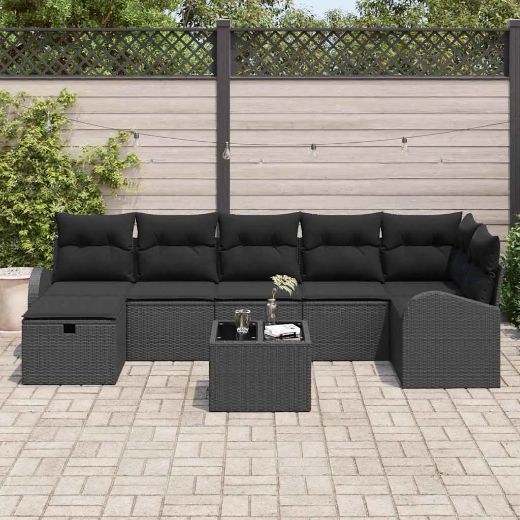 8-Piece Black Poly Rattan Modular Garden Sofa Set