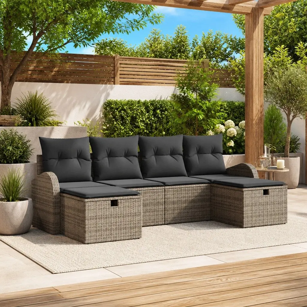6-Piece Grey Poly Rattan Modular Garden Sofa Set