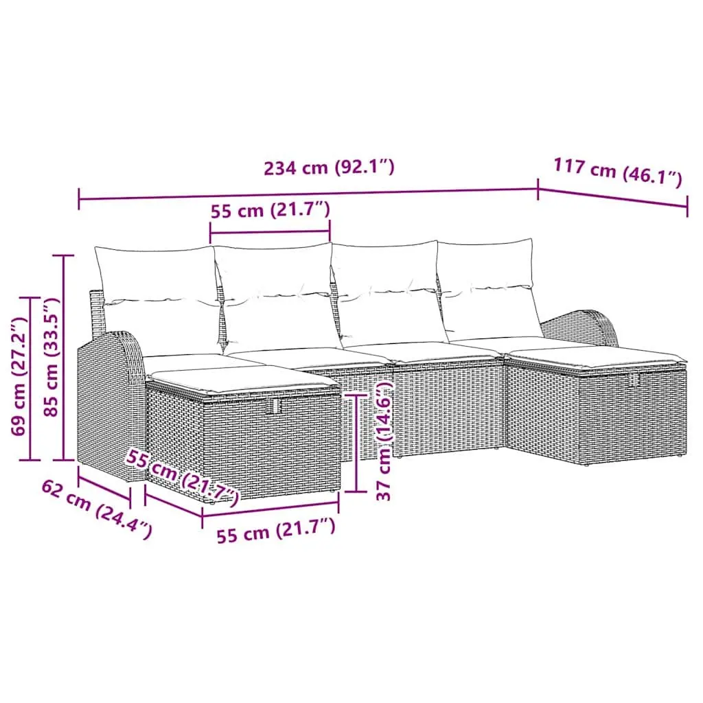 6-Piece Grey Poly Rattan Modular Garden Sofa Set