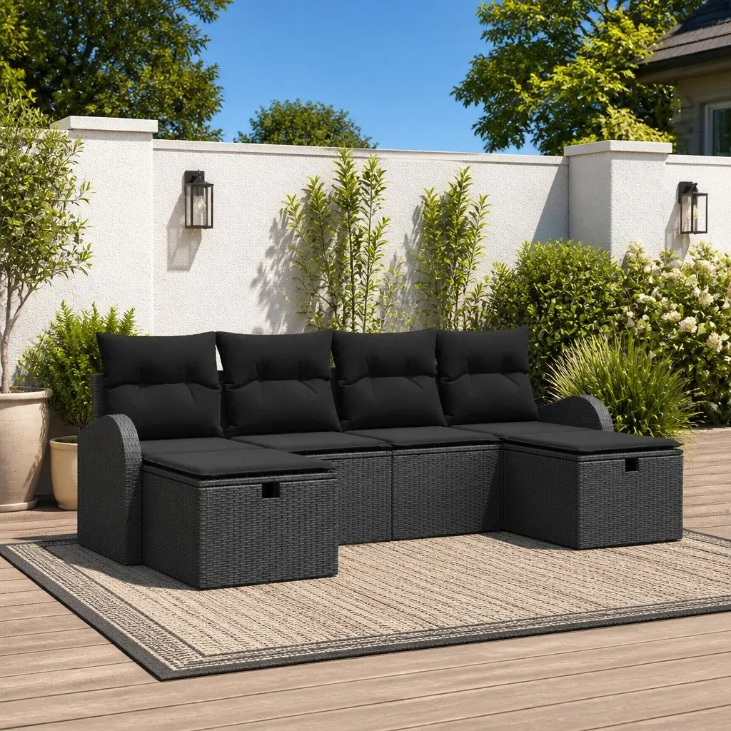 Modular Garden Sofa Set Poly Rattan 6 Piece Black Outdoor Lounge with Cushions