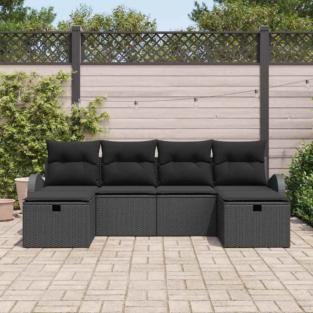 Modular Garden Sofa Set Poly Rattan 6 Piece Black Outdoor Lounge with Cushions