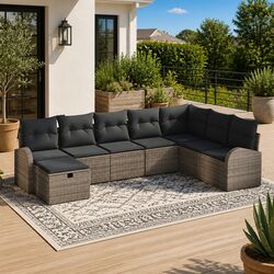 8-Piece Grey Poly Rattan Garden Sofa Set with Acacia Wood