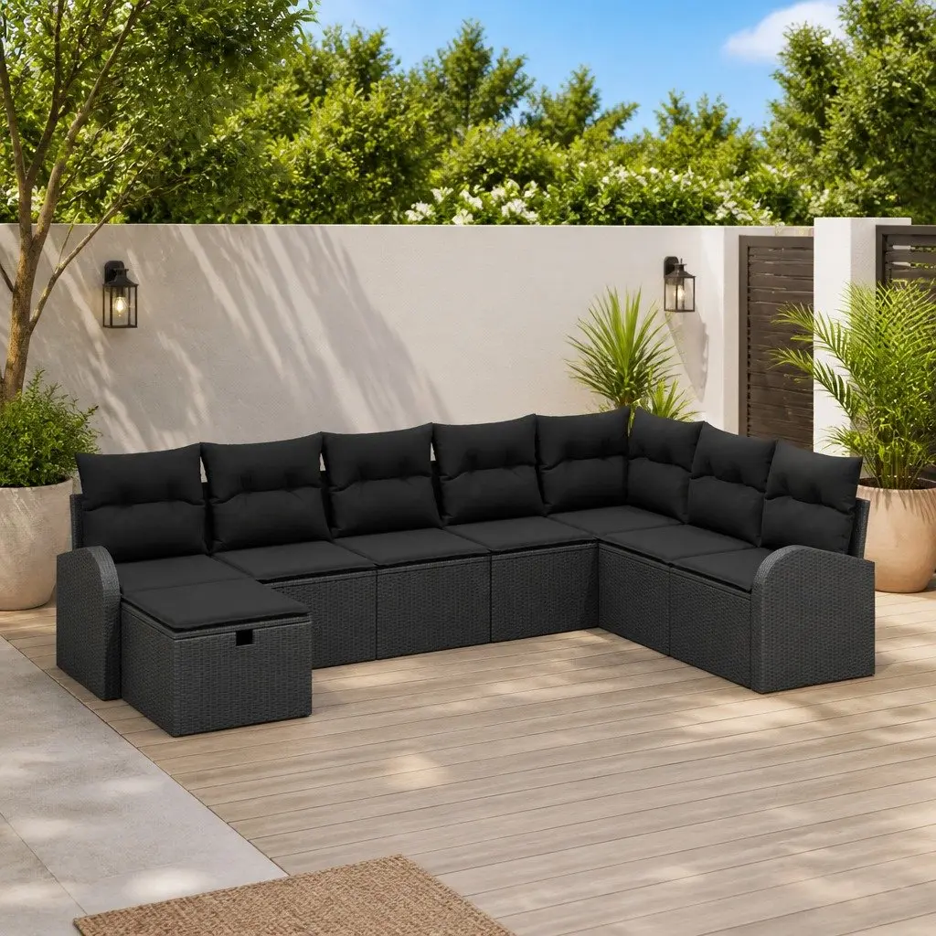 Garden Sofa Set Poly Rattan Solid Acacia Wood 8 Pieces Black Outdoor Furniture
