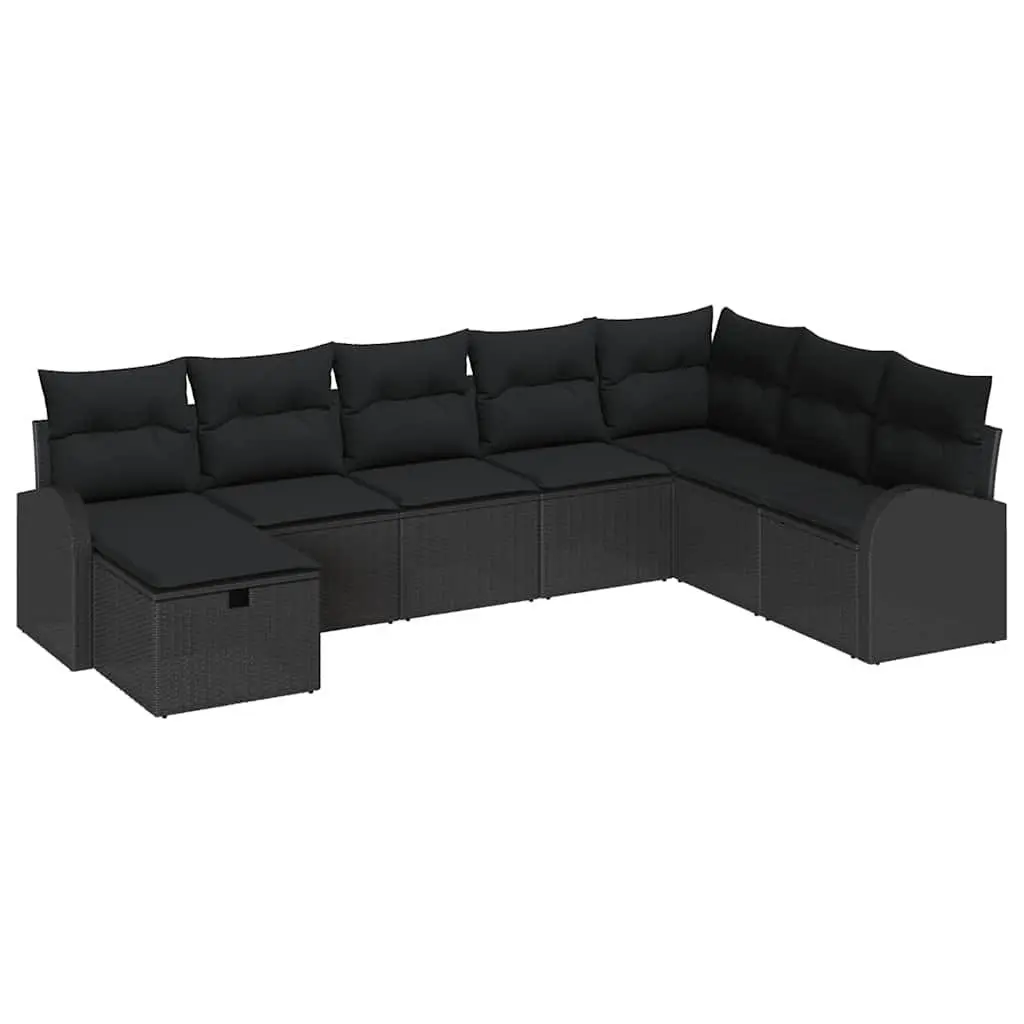 Garden Sofa Set Poly Rattan Solid Acacia Wood 8 Pieces Black Outdoor Furniture