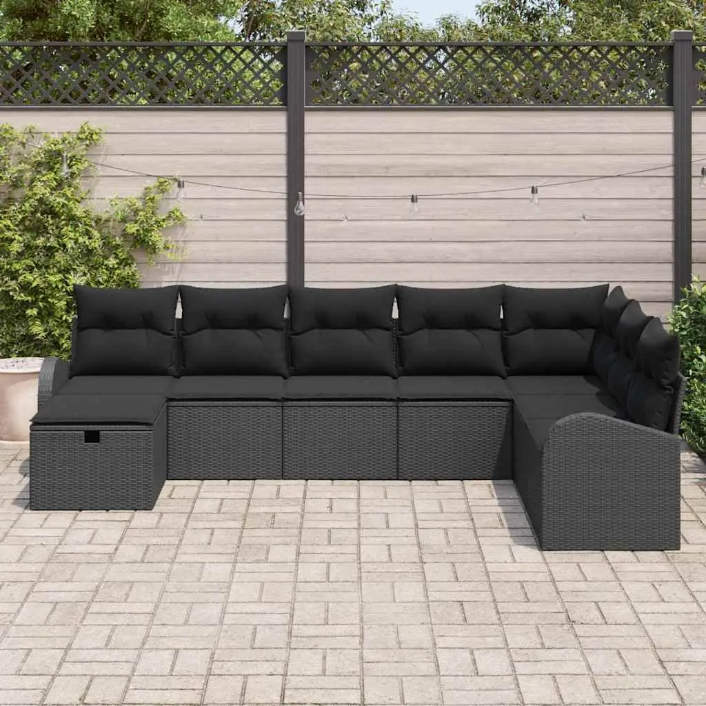 Garden Sofa Set Poly Rattan Solid Acacia Wood 8 Pieces Black Outdoor Furniture