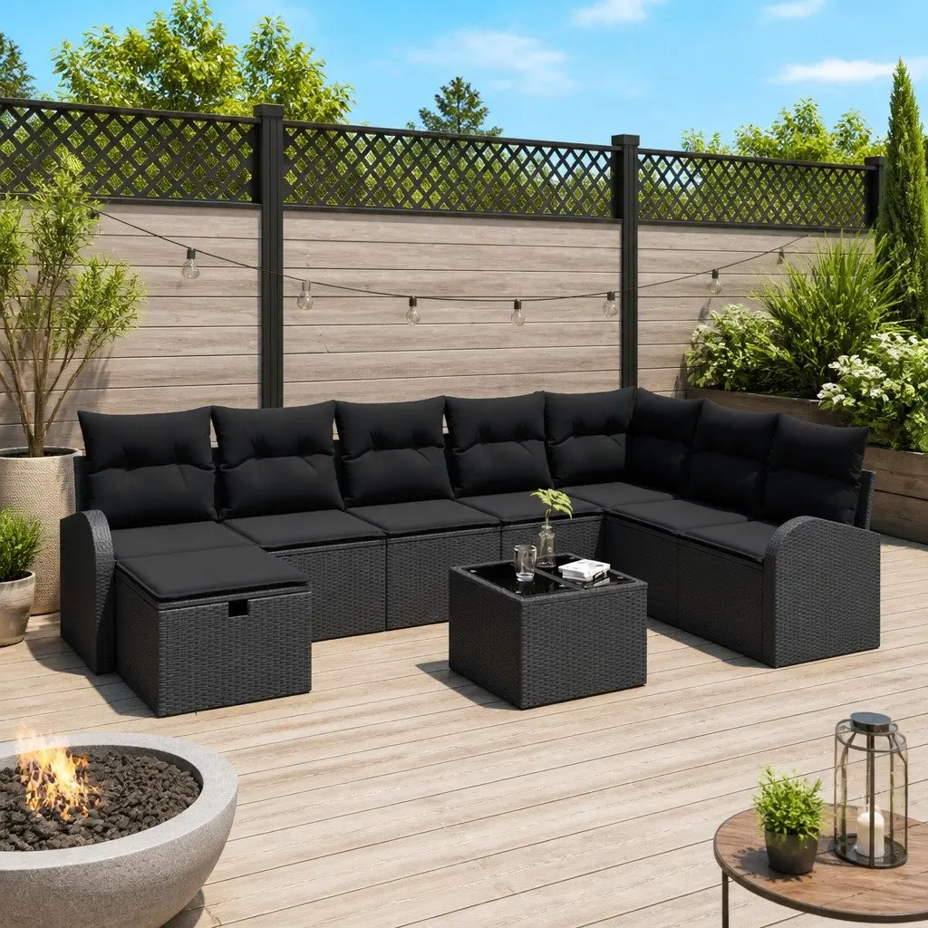 9-Piece Modular Black Outdoor Garden Sofa Set with Storage