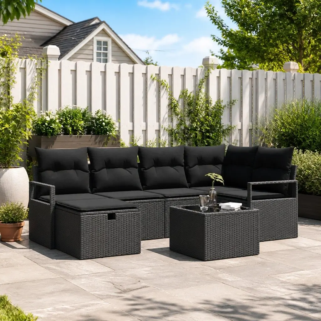 Modular Black Poly Rattan Garden Sofa Set with Cushions