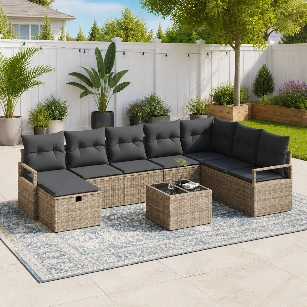 Garden Sofa Set Poly Rattan 6 Piece Grey Outdoor Furniture Patio Sectional Modular