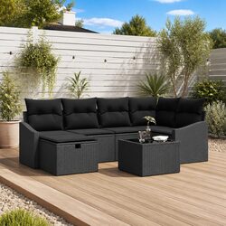 7-Piece Black Poly Rattan Outdoor Sofa Set