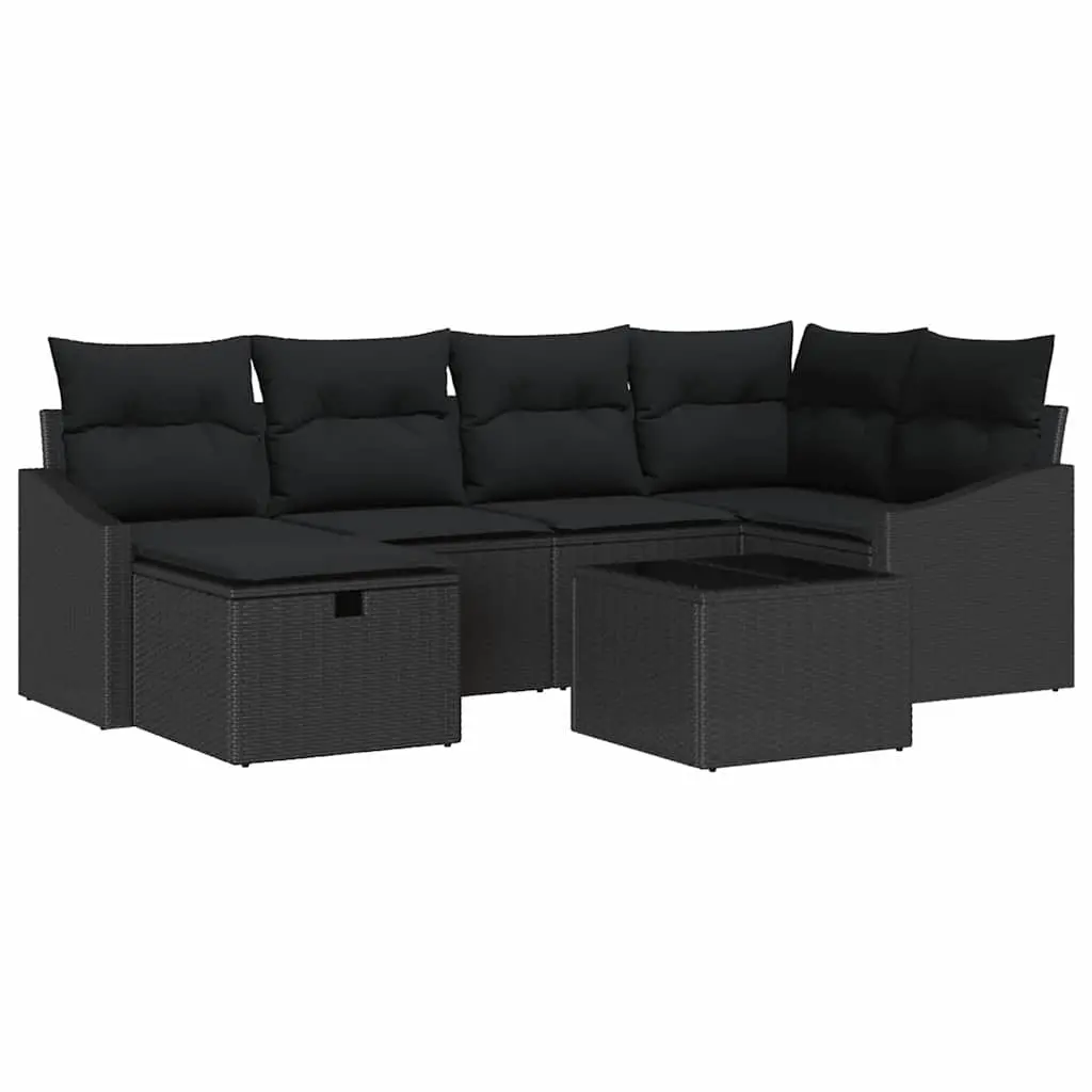 7-Piece Black Poly Rattan Outdoor Sofa Set