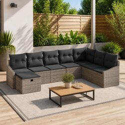 9-Piece Grey Poly Rattan Modular Outdoor Sofa Set