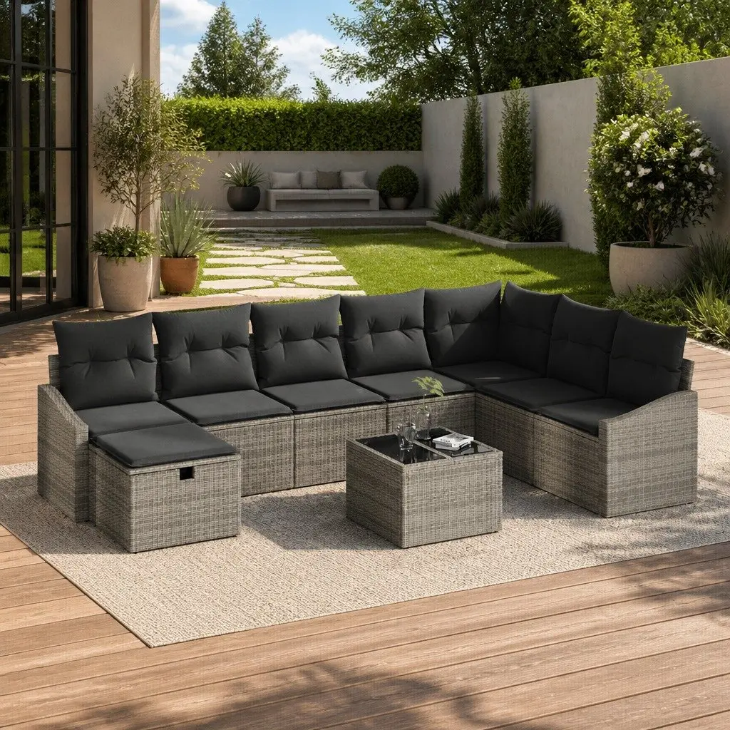 8-Piece Grey Poly Rattan Outdoor Sofa Set