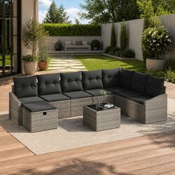 Sturdy 8-Piece Grey Poly Rattan Outdoor Sofa Set