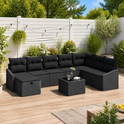 8-Piece Black Poly Rattan Outdoor Sofa Set
