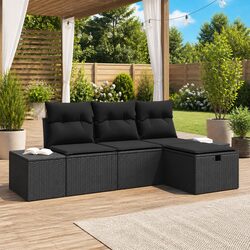 4-Piece Black Poly Rattan Outdoor Sofa Set with Cushions