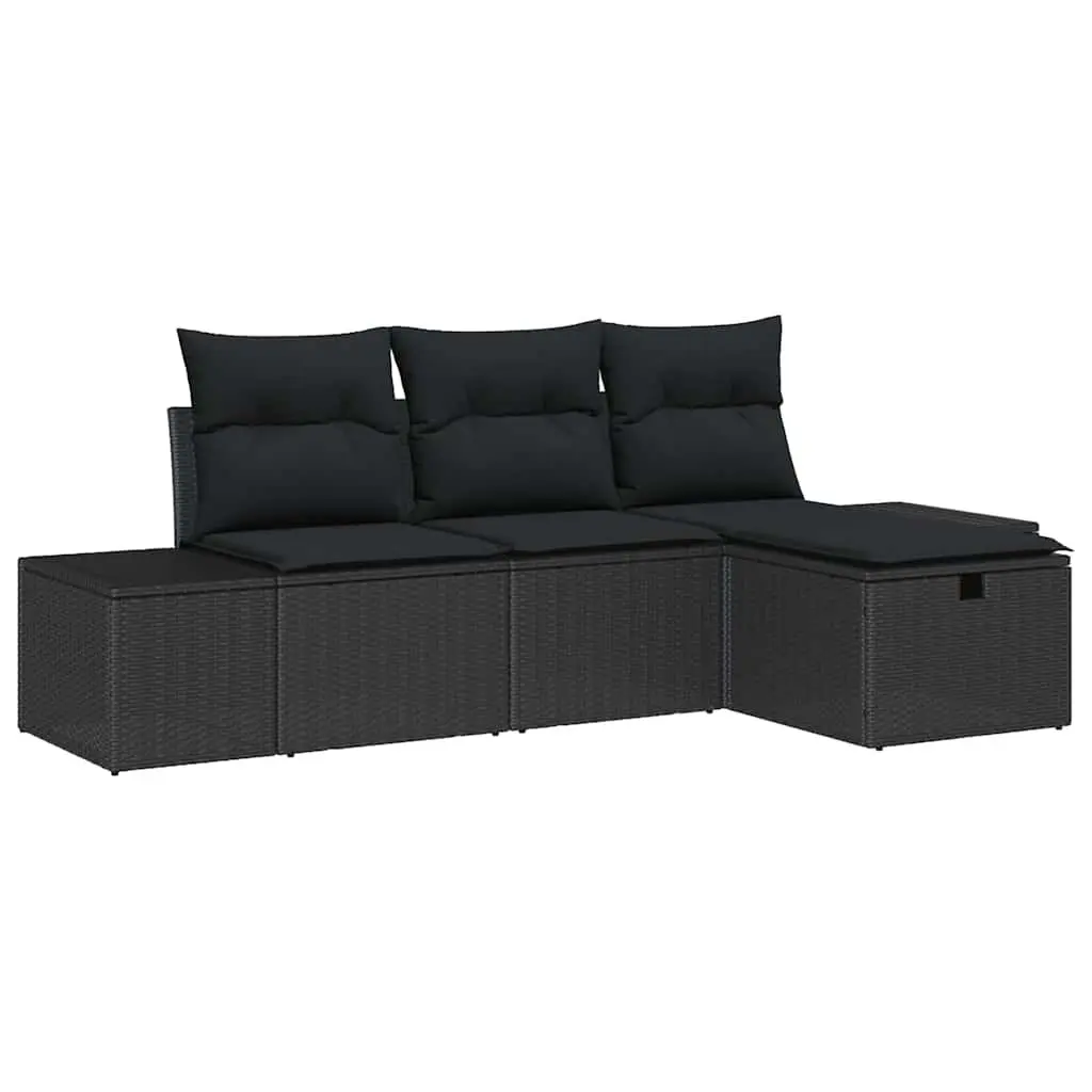 4-Piece Black Poly Rattan Outdoor Sofa Set with Cushions