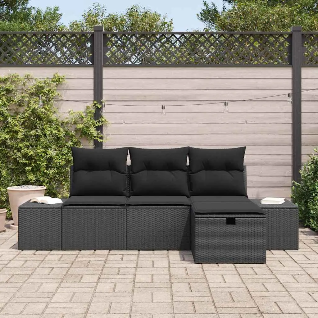 4-Piece Black Poly Rattan Outdoor Sofa Set with Cushions