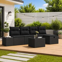 Premium 5 Piece Black Poly Rattan Outdoor Sofa Set