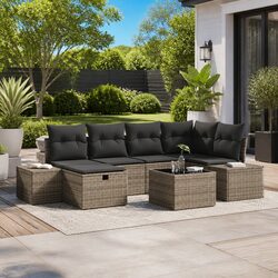 Outdoor Sofa Set 7 Pieces Modular Garden Seating Grey Poly Rattan with Cushions