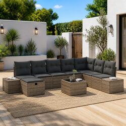 9-Piece Grey Poly Rattan Modular Outdoor Sofa Set