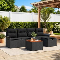6-Piece Black Poly Rattan Outdoor Garden Sofa Set