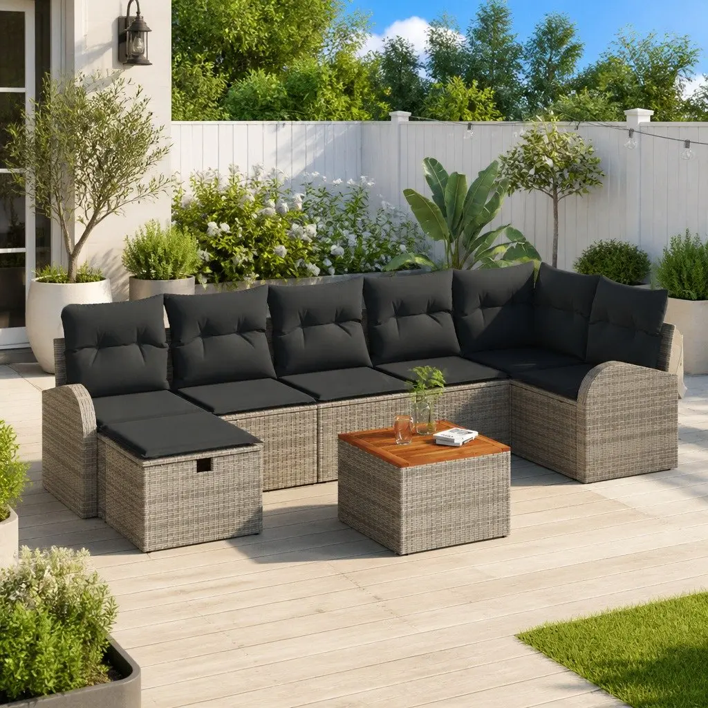 Outdoor Garden Sofa Set Poly Rattan Solid Acacia Wood 8 Pieces Grey
