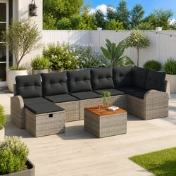 Stylish 8-Piece Grey Poly Rattan Outdoor Sofa Set