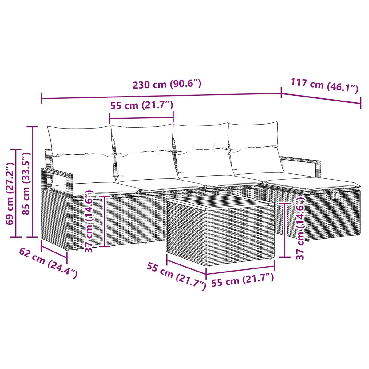 Garden Sofa Set Poly Rattan Acacia Wood Grey 6 Pieces Outdoor Furniture Patio Lounge Sectional