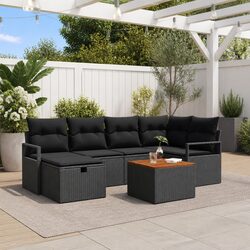 7-Piece Black Poly Rattan Garden Sofa Set for Outdoor Use