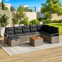 9-Piece Grey Poly Rattan Outdoor Garden Sofa Set