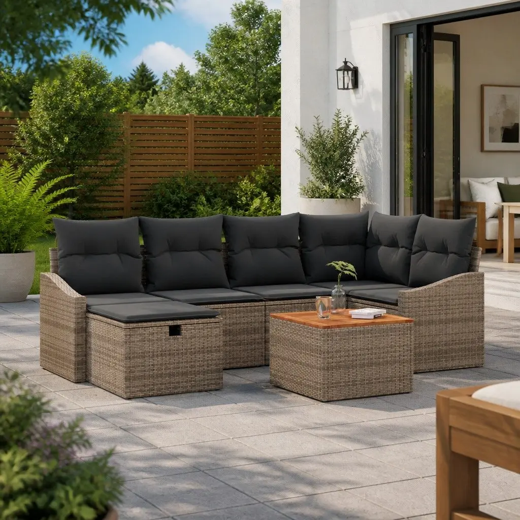 7-Piece Modular Grey Poly Rattan Garden Sofa Set