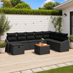 9-Piece Black Poly Rattan Garden Sofa Set with Cushions