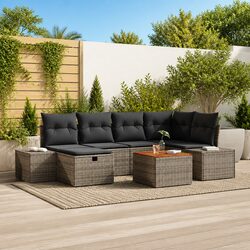 7-Piece Grey Poly Rattan Outdoor Sofa Set with Cushions