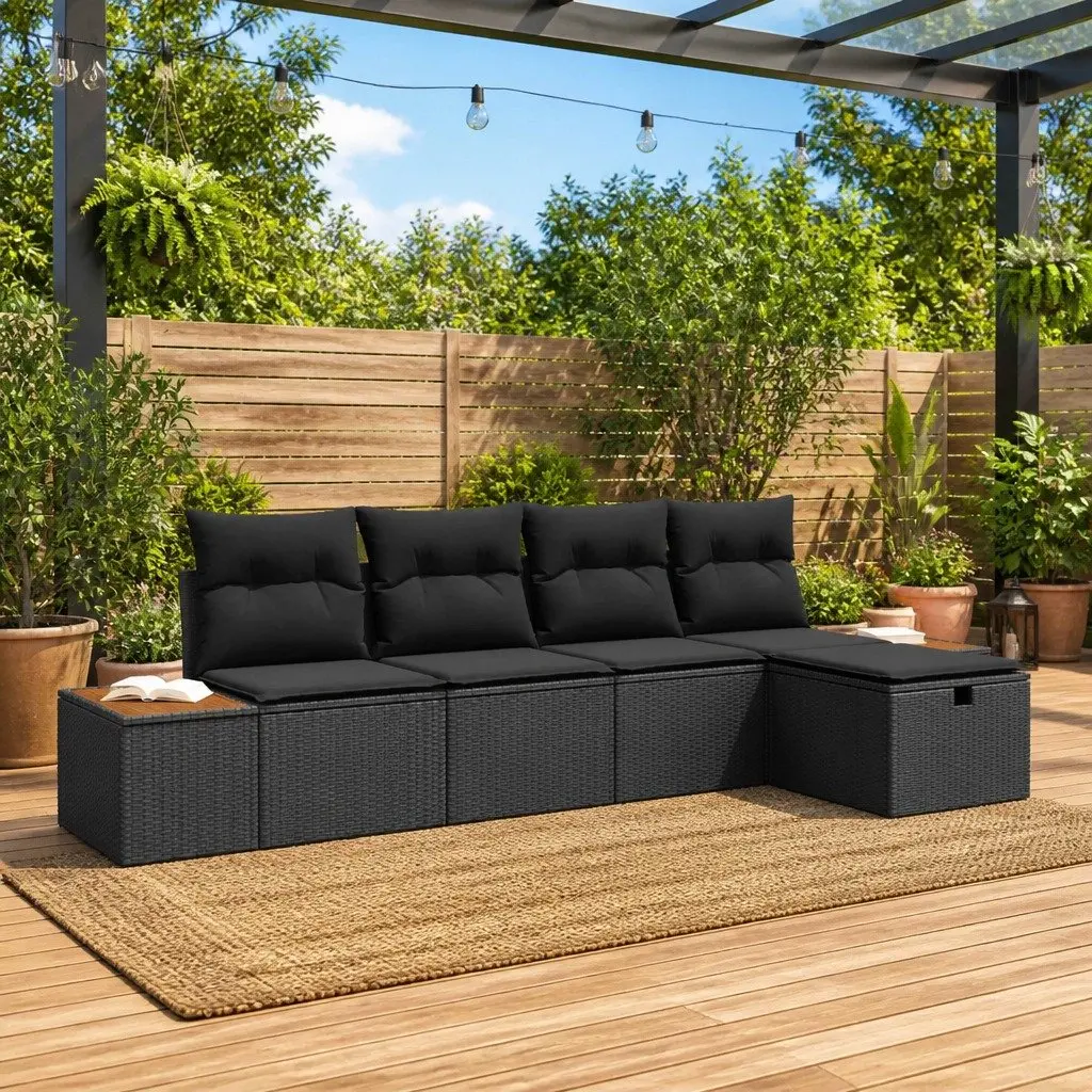 5-Piece Black Modular Poly Rattan Garden Sofa Set