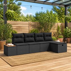Outdoor Garden Sofa Set 5 Pieces Black Modular Poly Rattan Patio Seating with