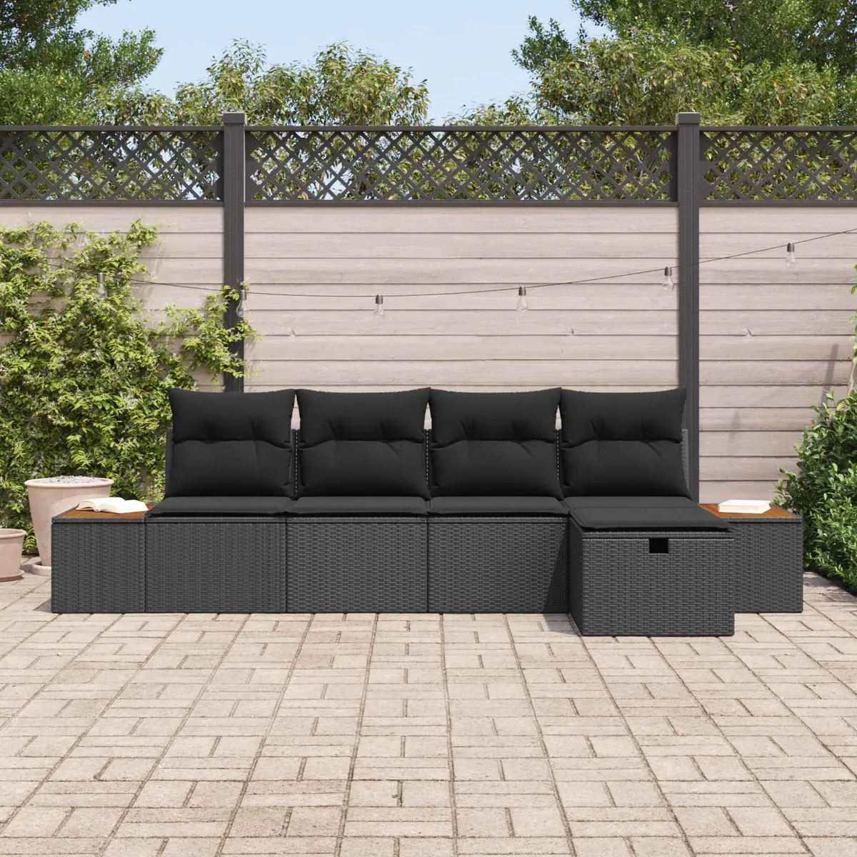 5-Piece Black Modular Poly Rattan Garden Sofa Set