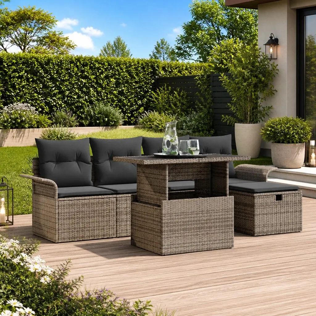 Modular Garden Sofa Set 6 Piece Outdoor Patio Furniture Grey Poly Rattan Seating