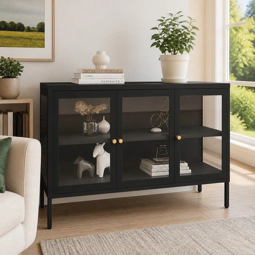 Sideboard Steel Black 105x35x70 cm Storage Cabinet with Glass Door