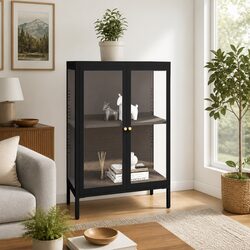 Durable Black Sideboard Storage Cabinet with Glass Doors