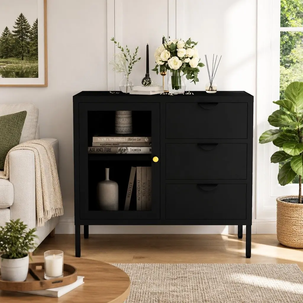 Black Sideboard Storage Cabinet with Glass Top