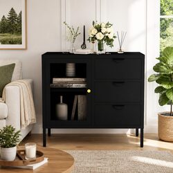 Durable Black Sideboard Storage Cabinet with Glass Top