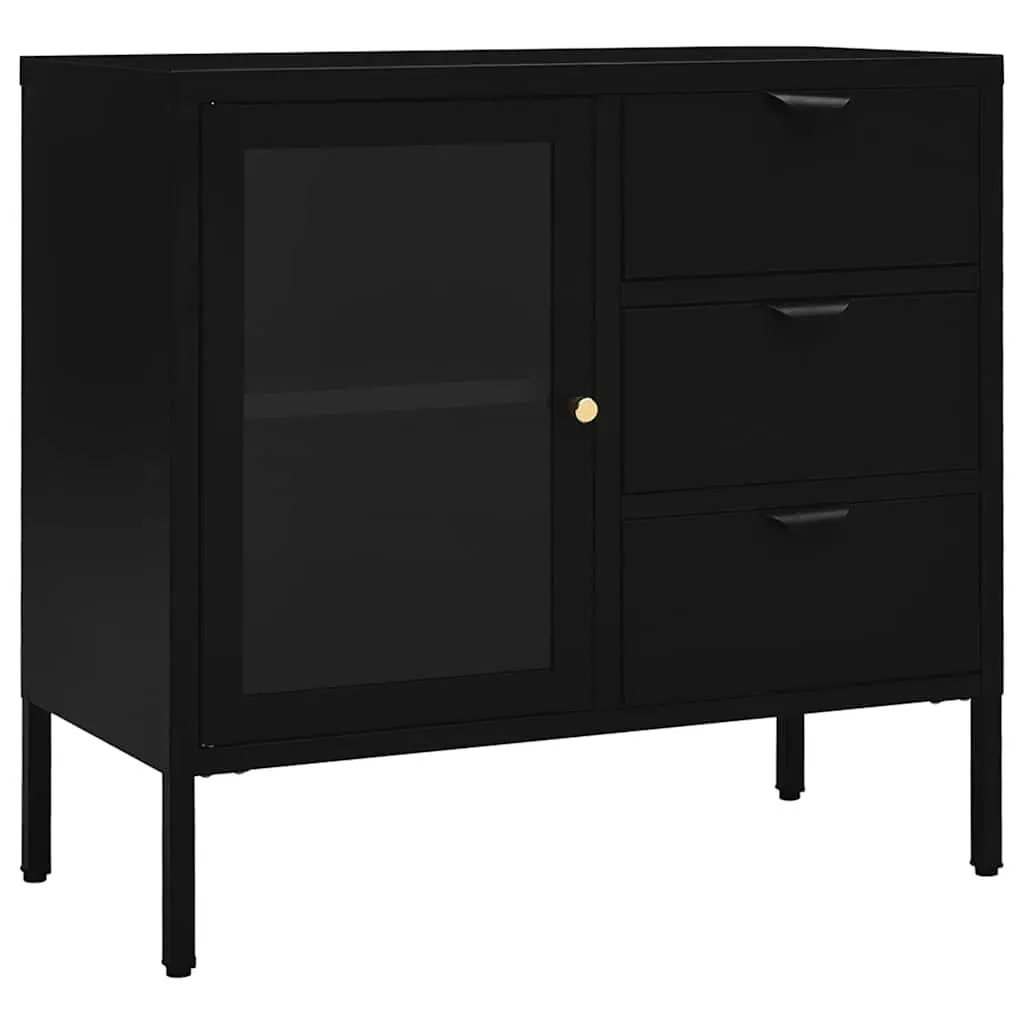 Black Sideboard Storage Cabinet with Glass Top