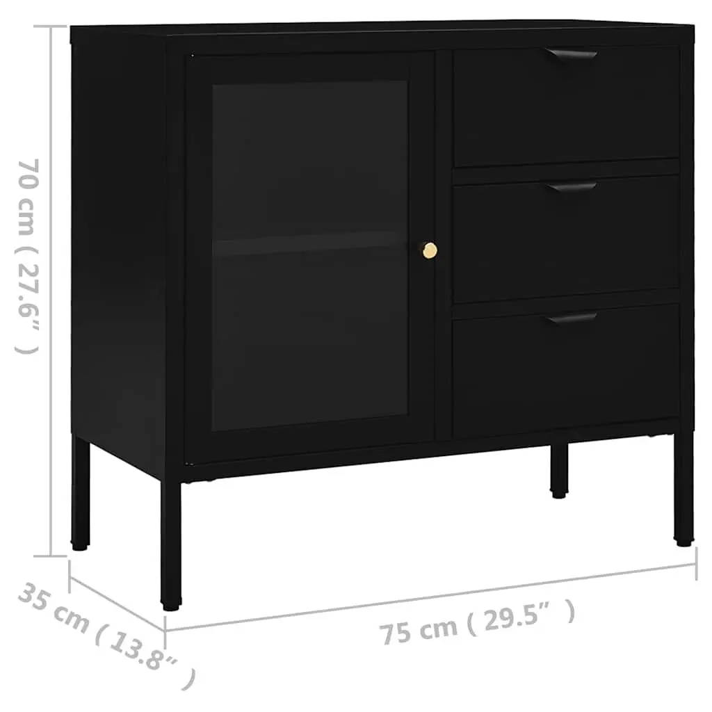 Black Sideboard Storage Cabinet with Glass Top