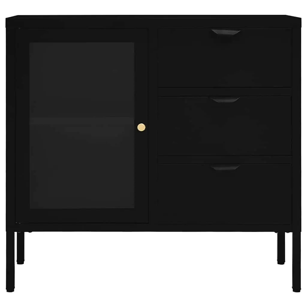 Black Sideboard Storage Cabinet with Glass Top