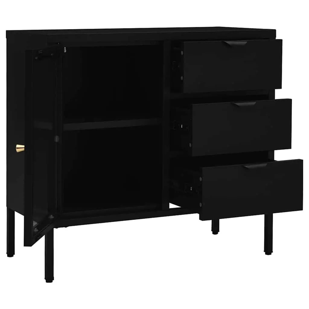 Black Sideboard Storage Cabinet with Glass Top