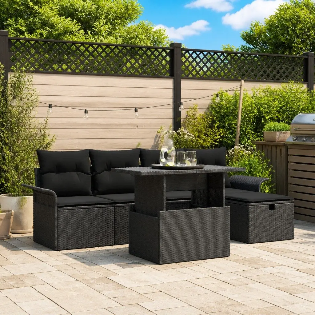 Modular Garden Sofa Set Poly Rattan Black 6 Piece Outdoor Furniture