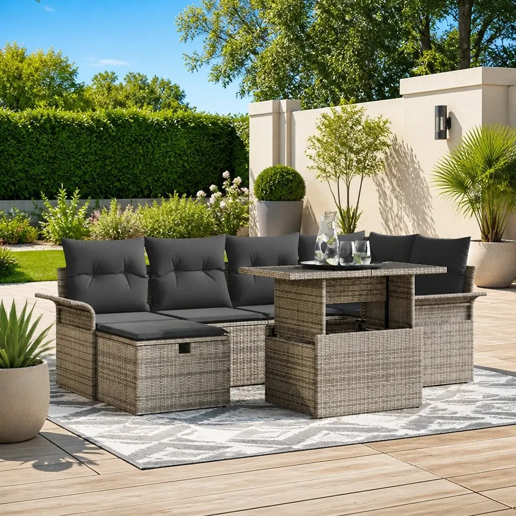 7-Piece Grey Poly Rattan Modular Garden Sofa Set