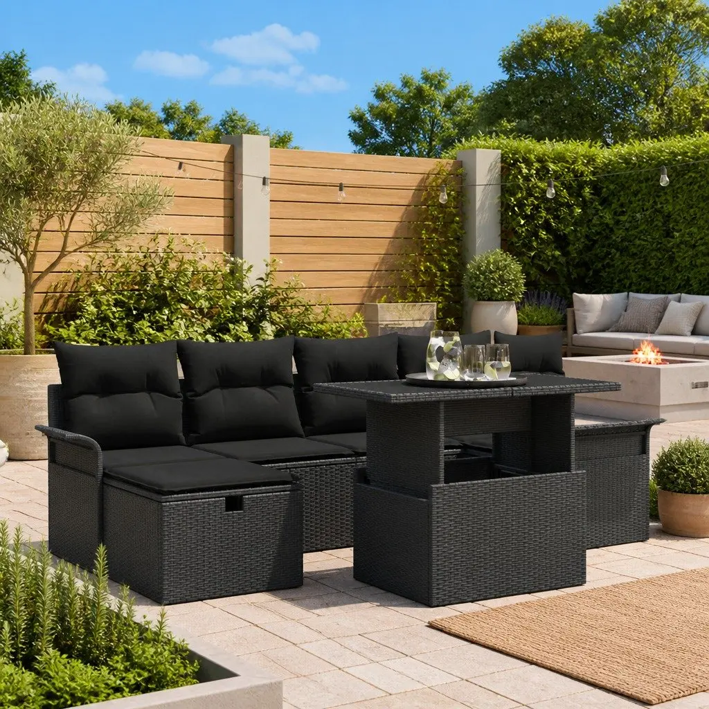 7-Piece Modular Garden Sofa Set in Black Poly Rattan